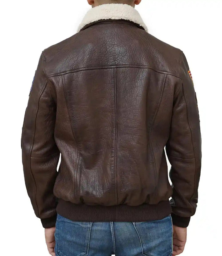 Brown leather jacket with white fur lining on a white background