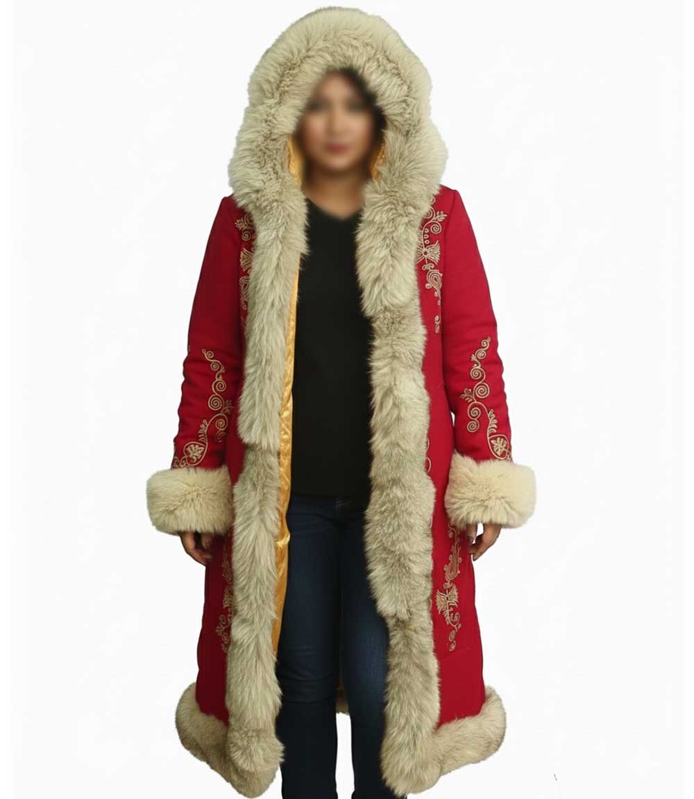 Luxury Red Christmas Coat For Women with Golden Scrollwork