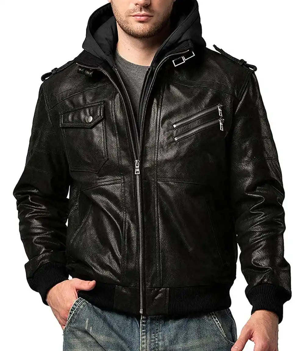 Black Leather Jacket with Hood

