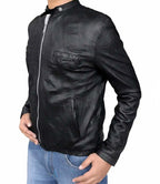 Mens Modern Wrinkled Lambskin Black Leather Jacket