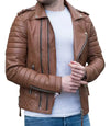 Mens Light Brown Real Leather Biker Jacket