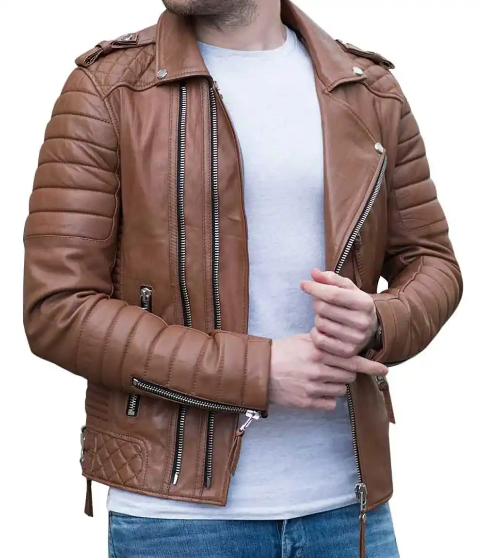 Mens Light Brown Real Leather Biker Jacket