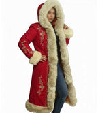 Luxury Red Christmas Coat For Women with Golden Scrollwork