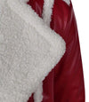 Close-up of red leather jacket with white fur lining