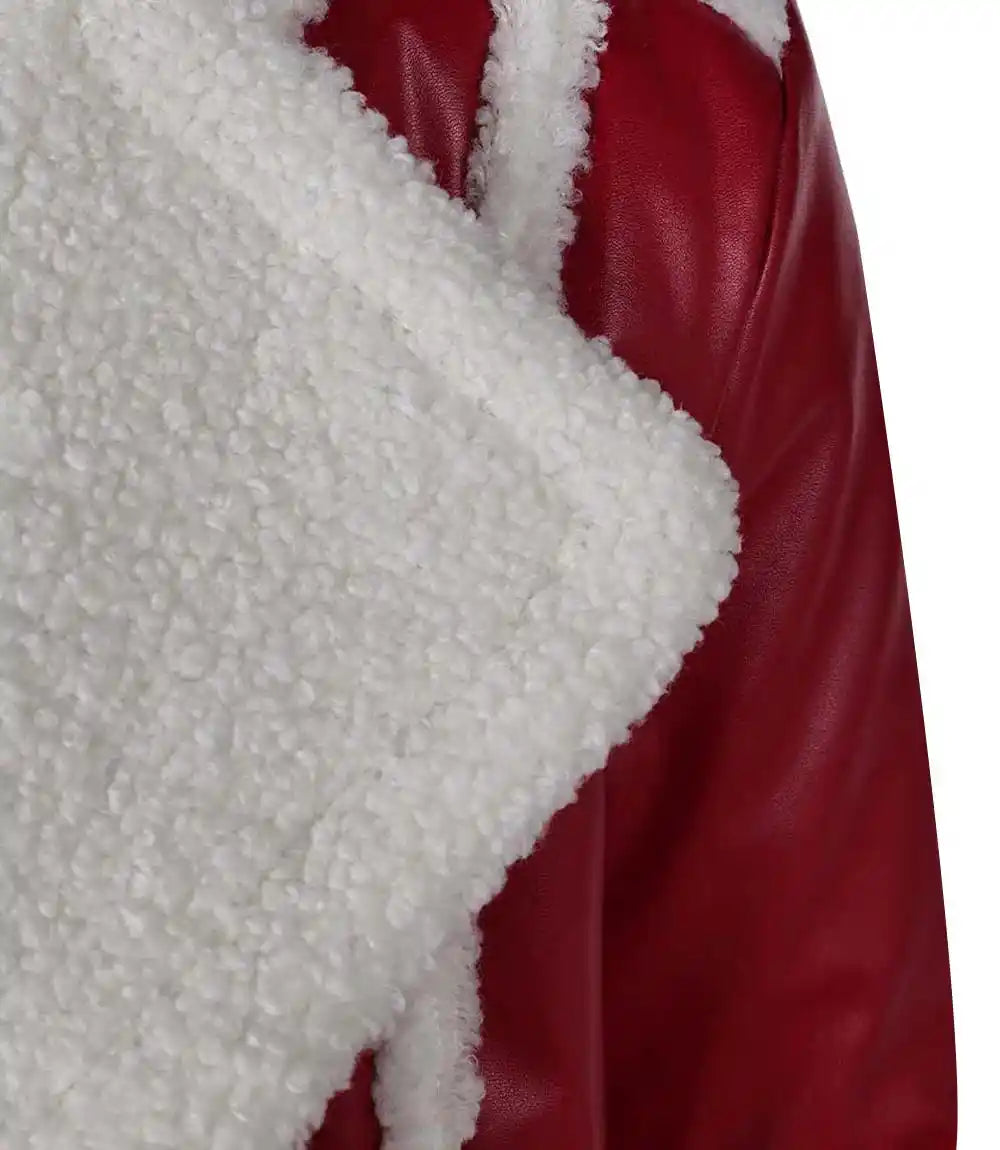 Close-up of red leather jacket with white fur lining