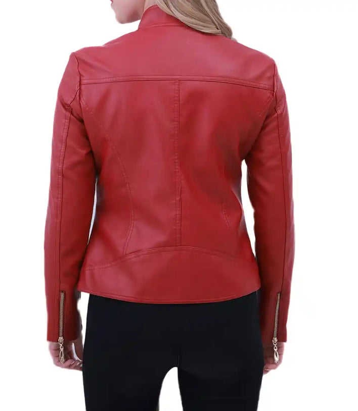 Women Red Slim Fit Petite Moto Leather Jacket