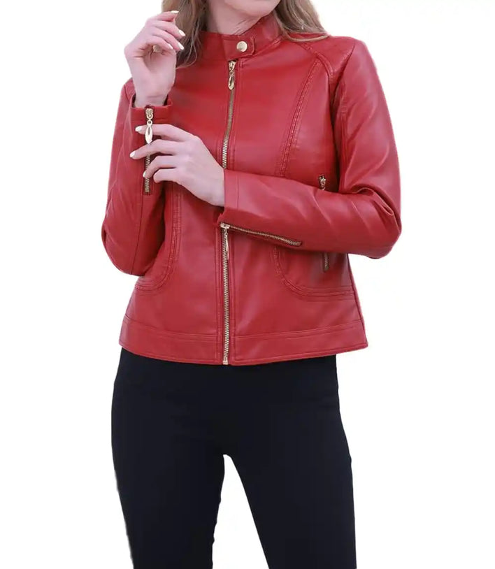 Slim Fit Leather Jacket Red