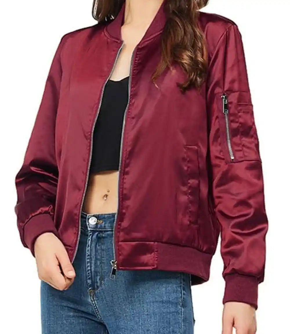 Satin Bomber Jacket Womens Maroon
