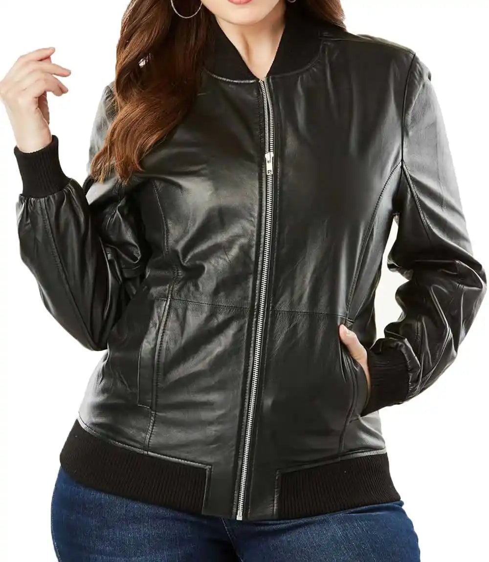 Black Leather Bomber Jacket Womens