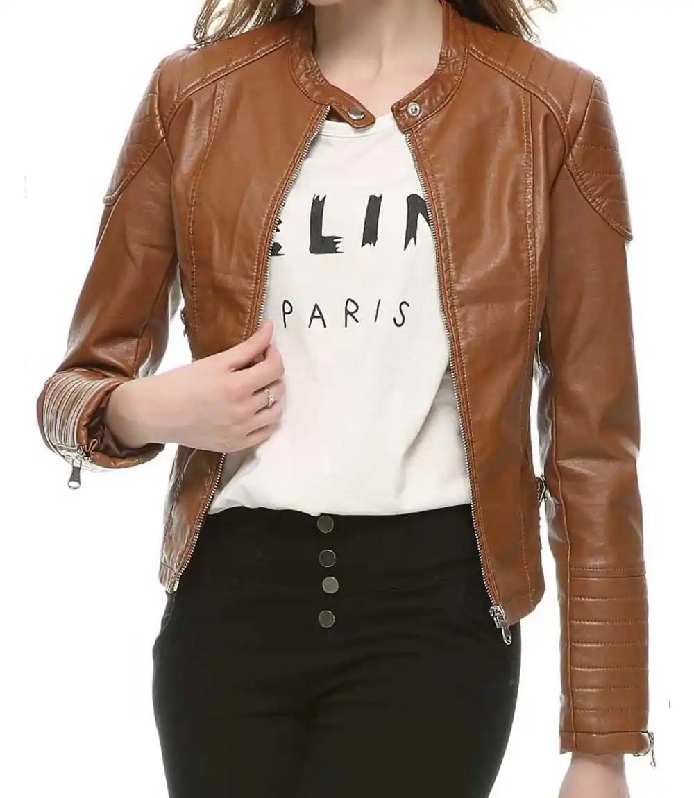 Womens Brown Slimming Moto Leather Jacket
