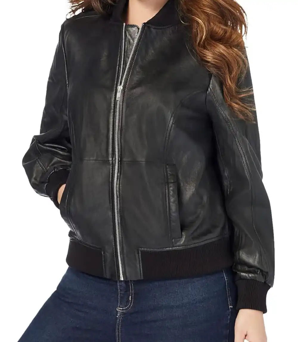 Black leather jacket worn by a person on a white background