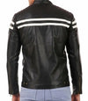Mens White Stripes Black Moto Leather Jacket