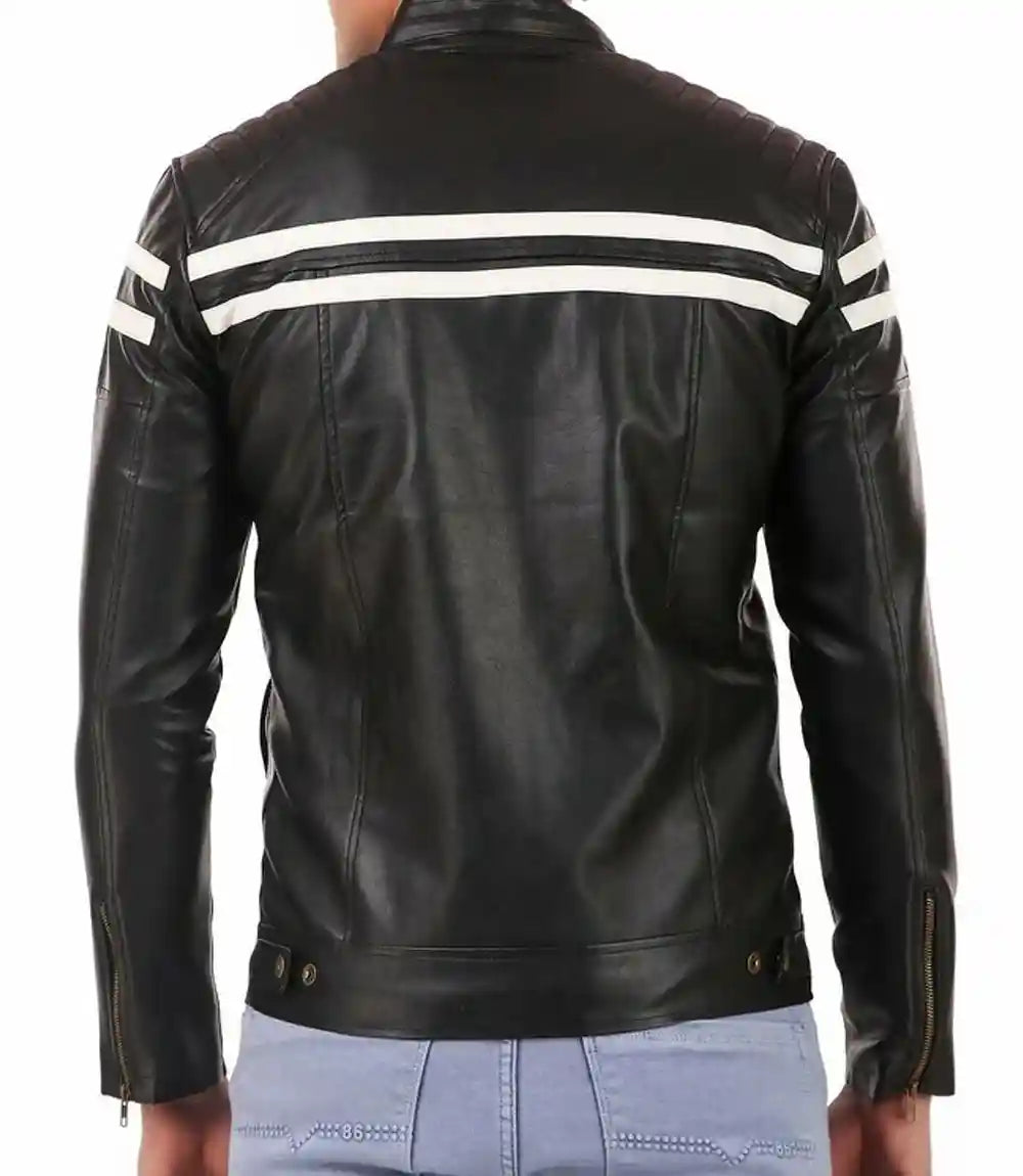 Mens White Stripes Black Moto Leather Jacket