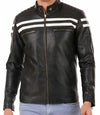 Mens White Stripes Black Moto Leather Jacket