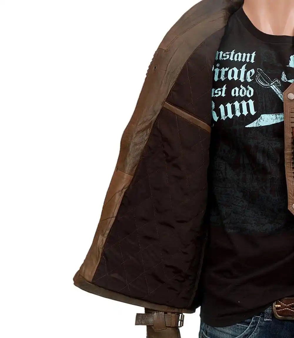 Mannequin wearing a brown jacket and black t-shirt with text on a white background