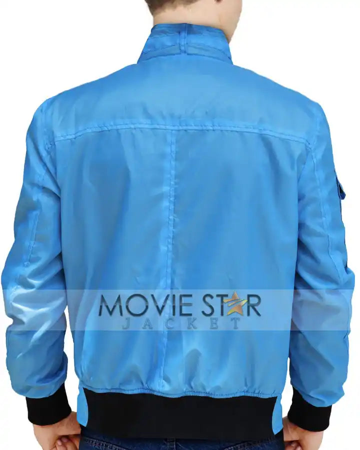 Blue jacket with 'Movie Star Jacket' branding on a white background