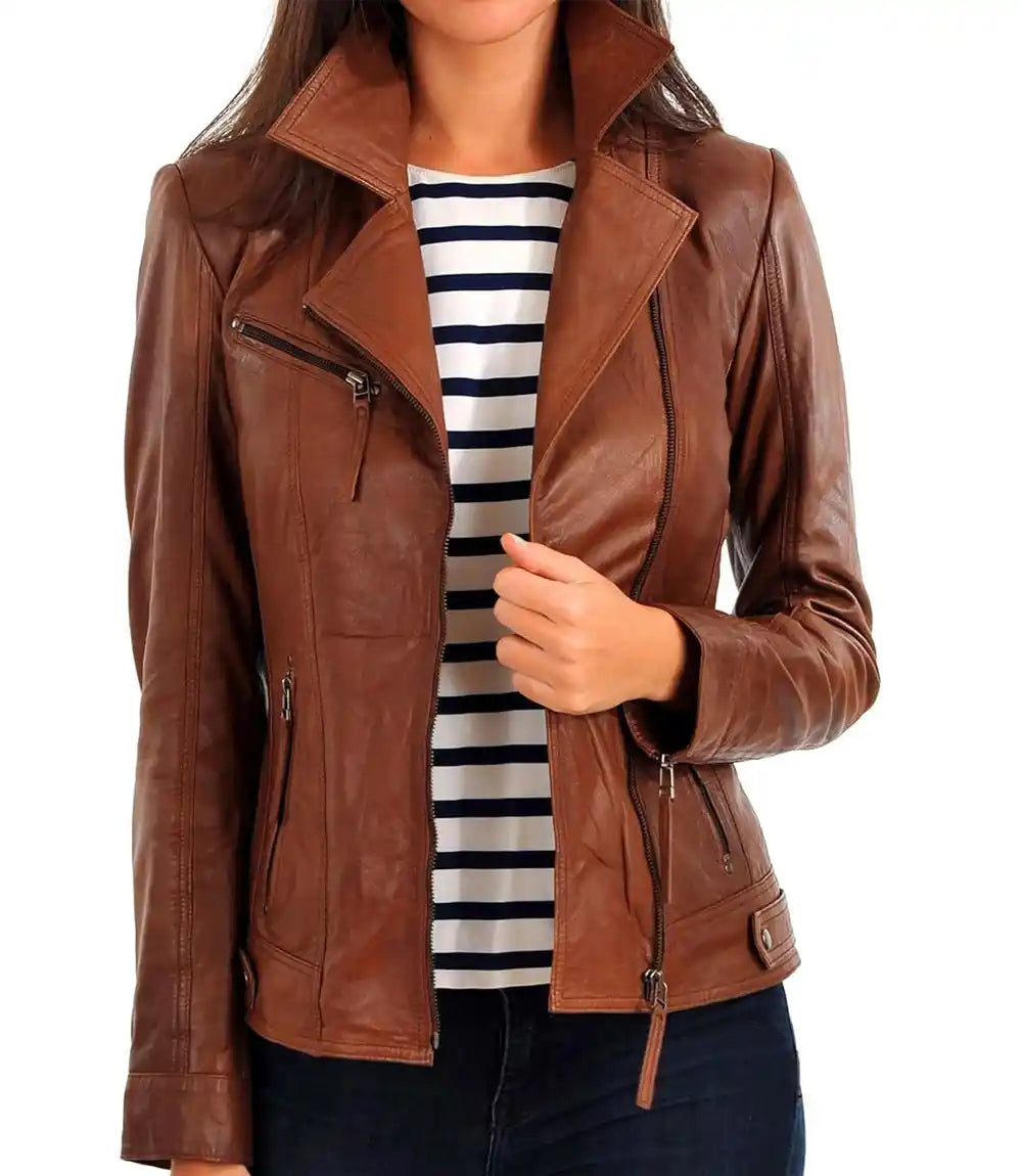 brown leather moto jacket

