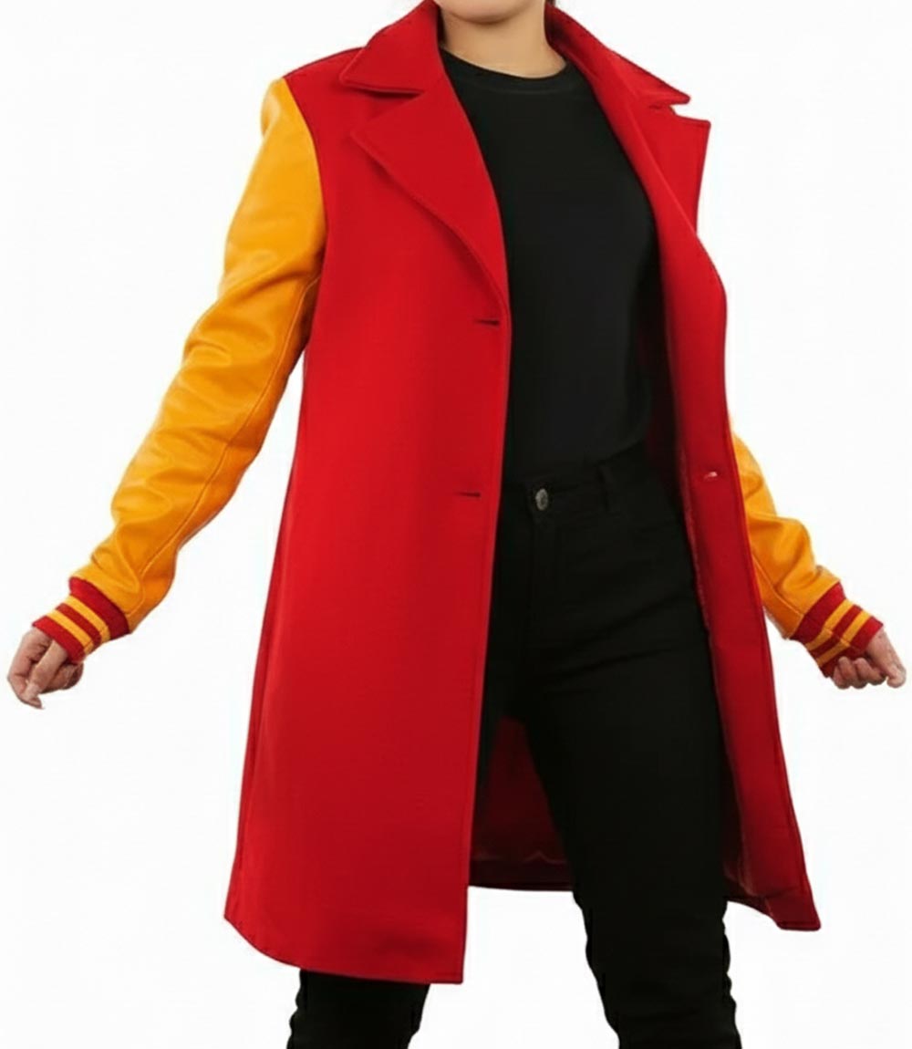 Two-Tone Yellow & Red Wool Blend Trench Coat