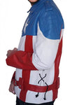 Person wearing a Captain America themed leather jacket with red, white, and blue colors.