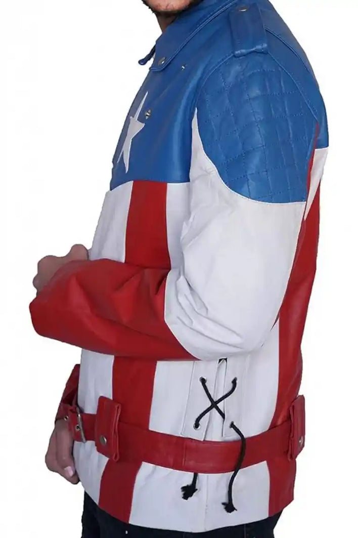 Person wearing a Captain America themed leather jacket with red, white, and blue colors.