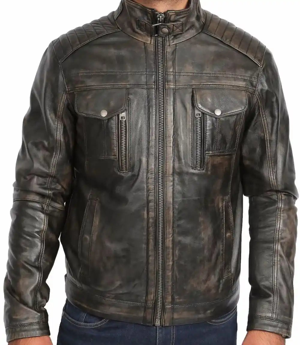 Mens Retro Distressed Brown Biker Leather Jacket