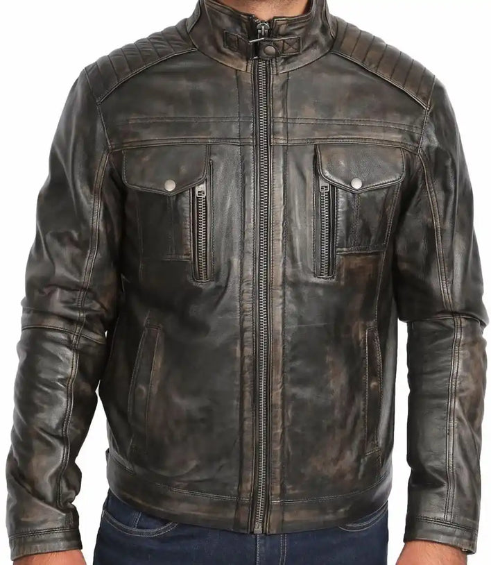 Mens Retro Distressed Brown Biker Leather Jacket