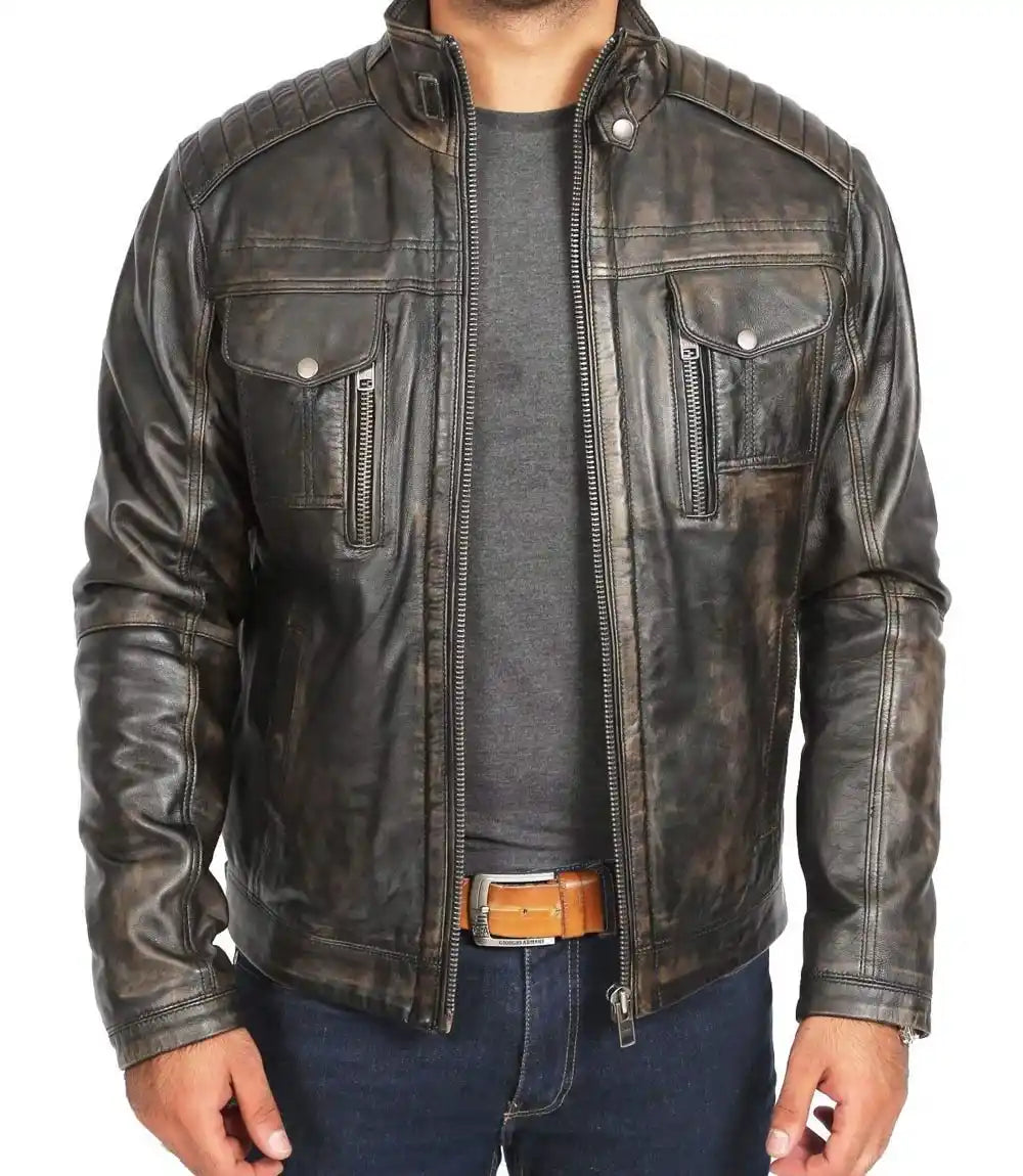 Mens Retro Distressed Brown Biker Leather Jacket