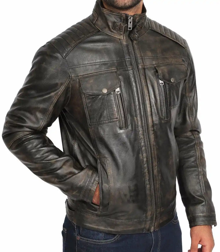 Mens Retro Distressed Brown Biker Leather Jacket