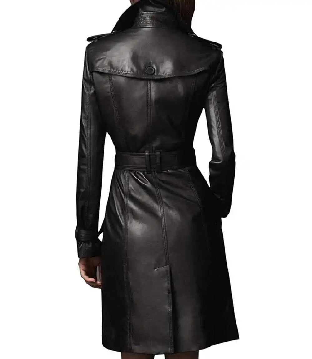 Black Women Leather Trench Coat