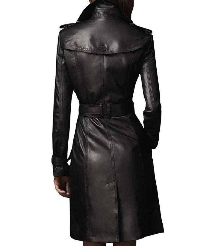Black Women Leather Trench Coat
