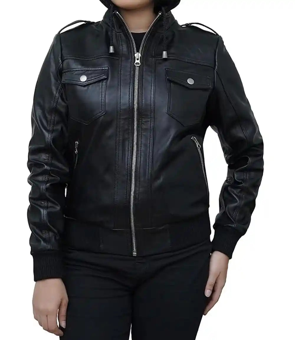 Black Women Bomber Jacket With Detachable Hood

