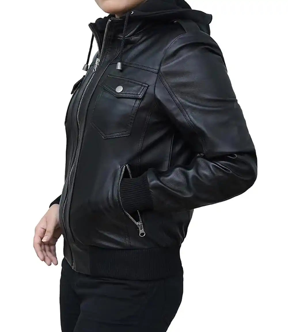 Black Women Jacket With Detachable Hood

