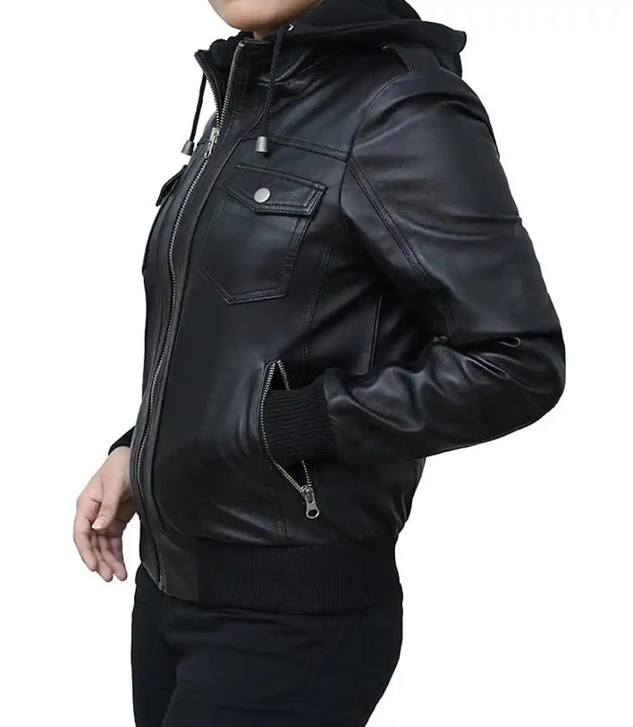 Black Women Jacket With Detachable Hood

