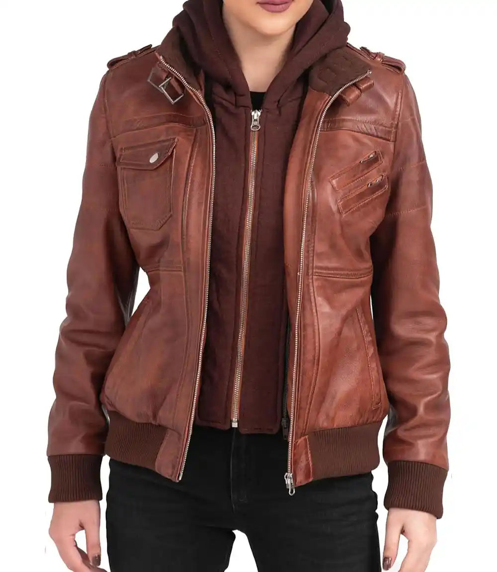 Womens Leather Bomber Jacket With Hood 

