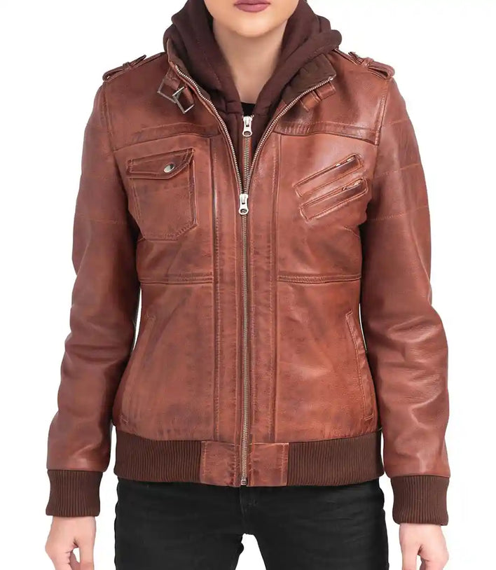 Womens Genuine Leather Bomber Jacket With Hood