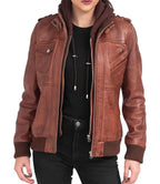 Brown leather jacket with a hood worn by a person on a white background