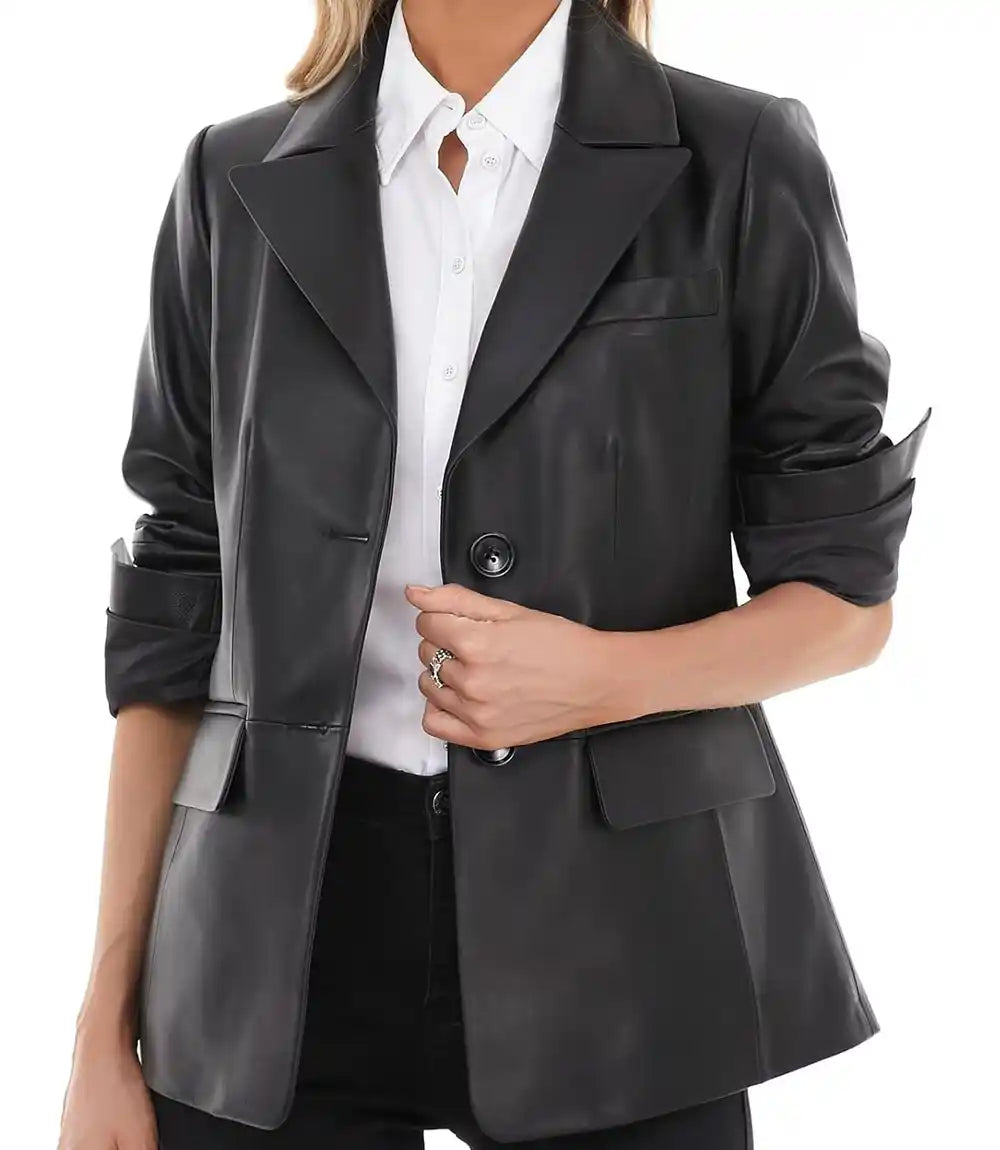 Women Black Leather Blazer