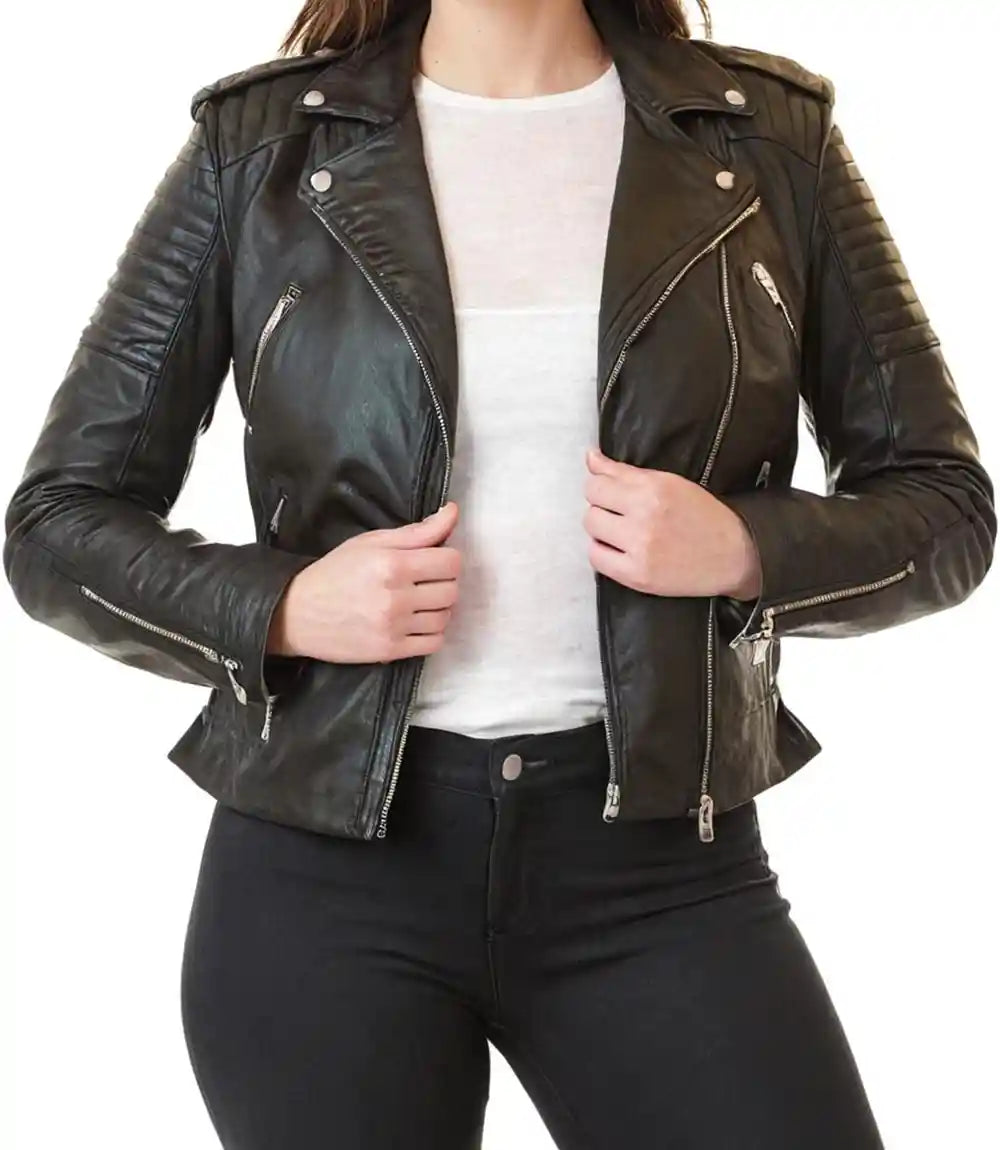 Women Classic Black Motorcycle Leather Jacket