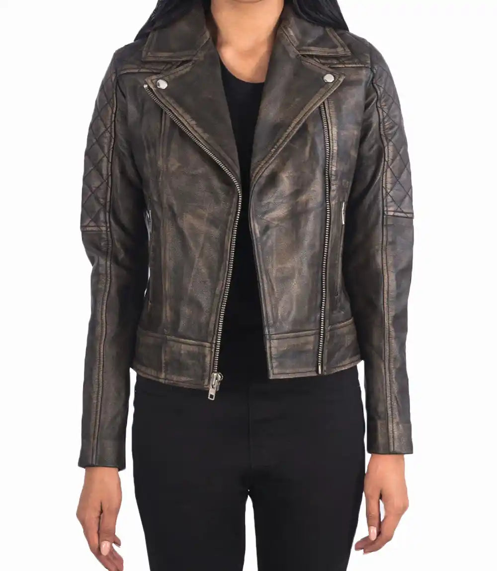 Womens Petite Moto Distressed Brown Leather Jacket