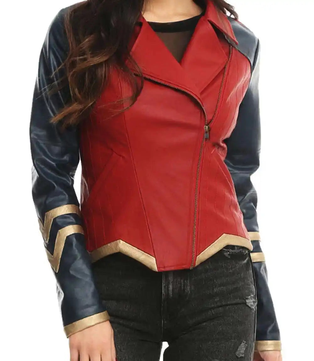 Red and black leather jacket with gold accents on a white background