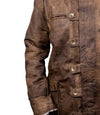 Brown leather jacket with button details on a white background