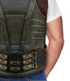 Green tactical vest with brown accents on a person wearing a white shirt and blue jeans.
