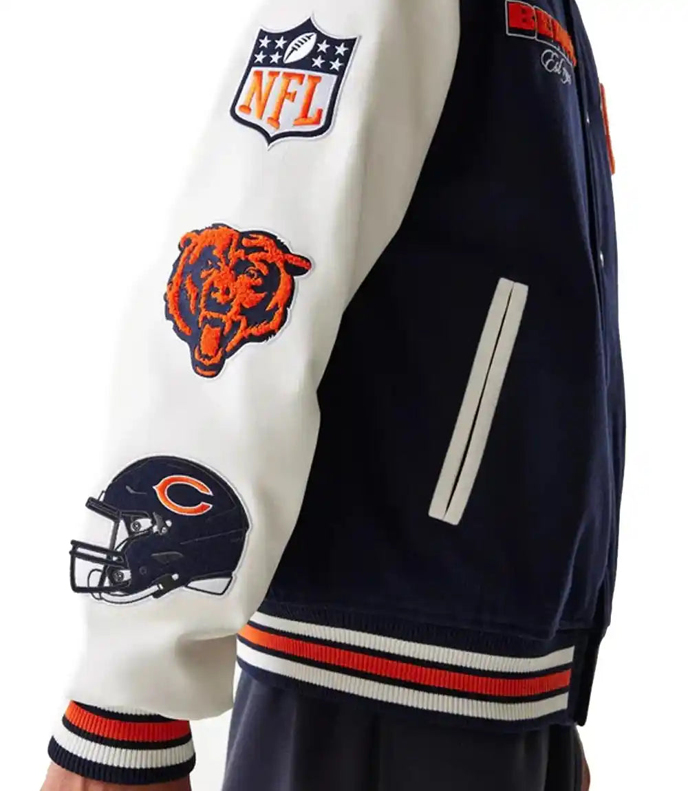 Navy and white varsity jacket with NFL and Chicago Bears logos on a white background