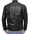 Black leather jacket worn by a person on a white background