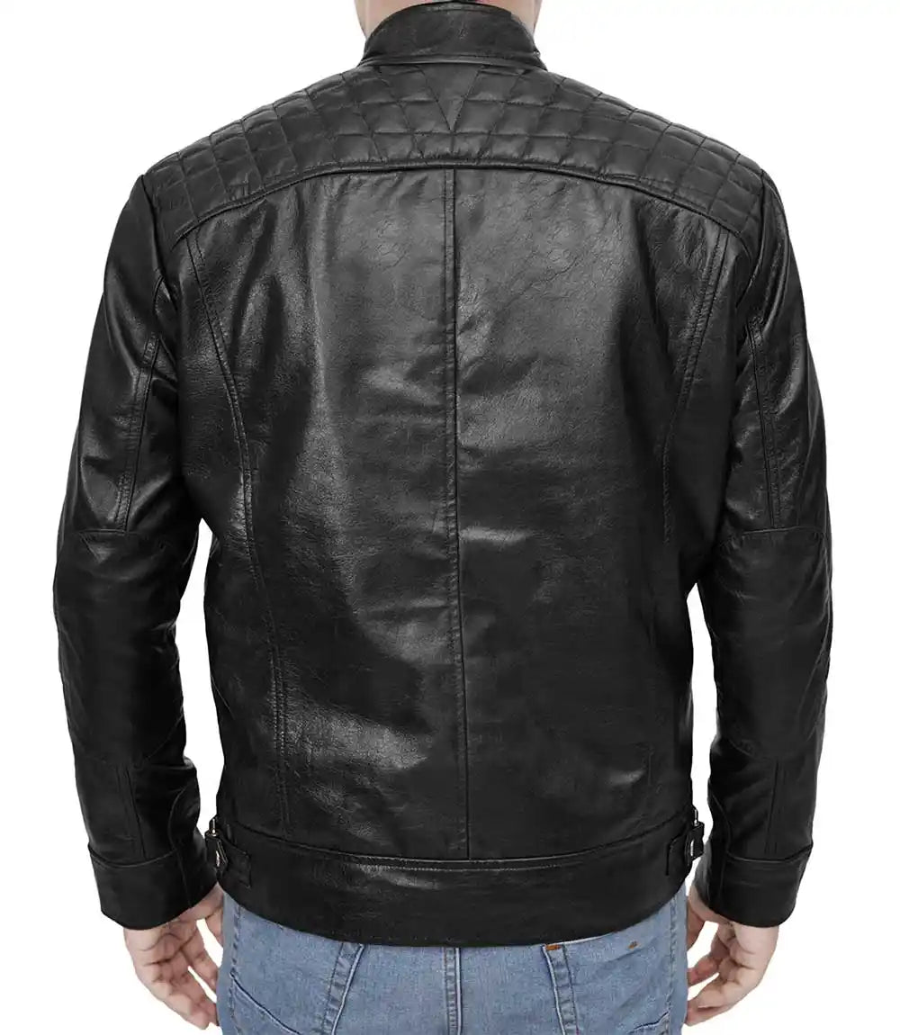 Black leather jacket worn by a person on a white background