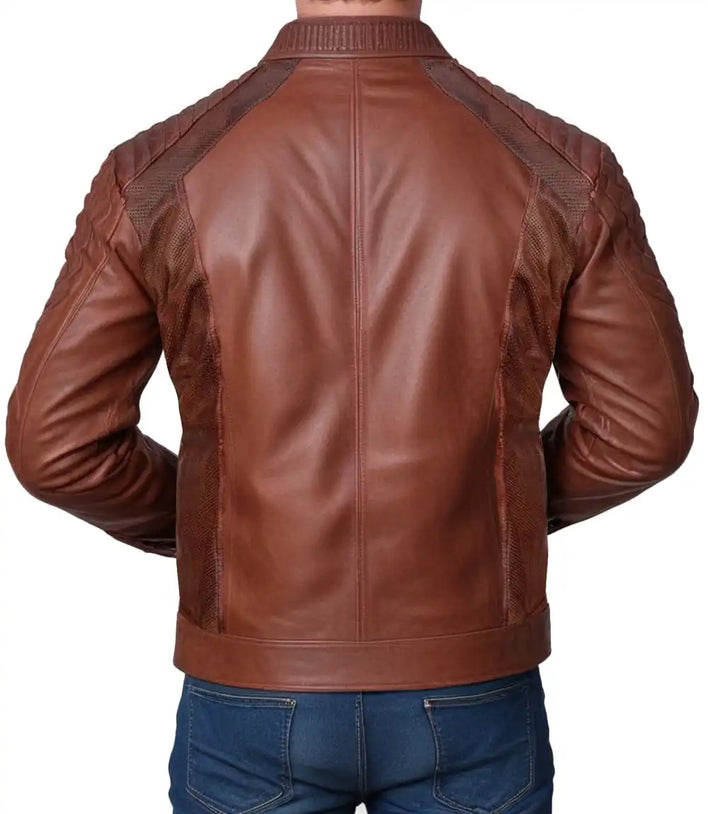Distressed Brown Perforated Cafe Racer Leather Jacket