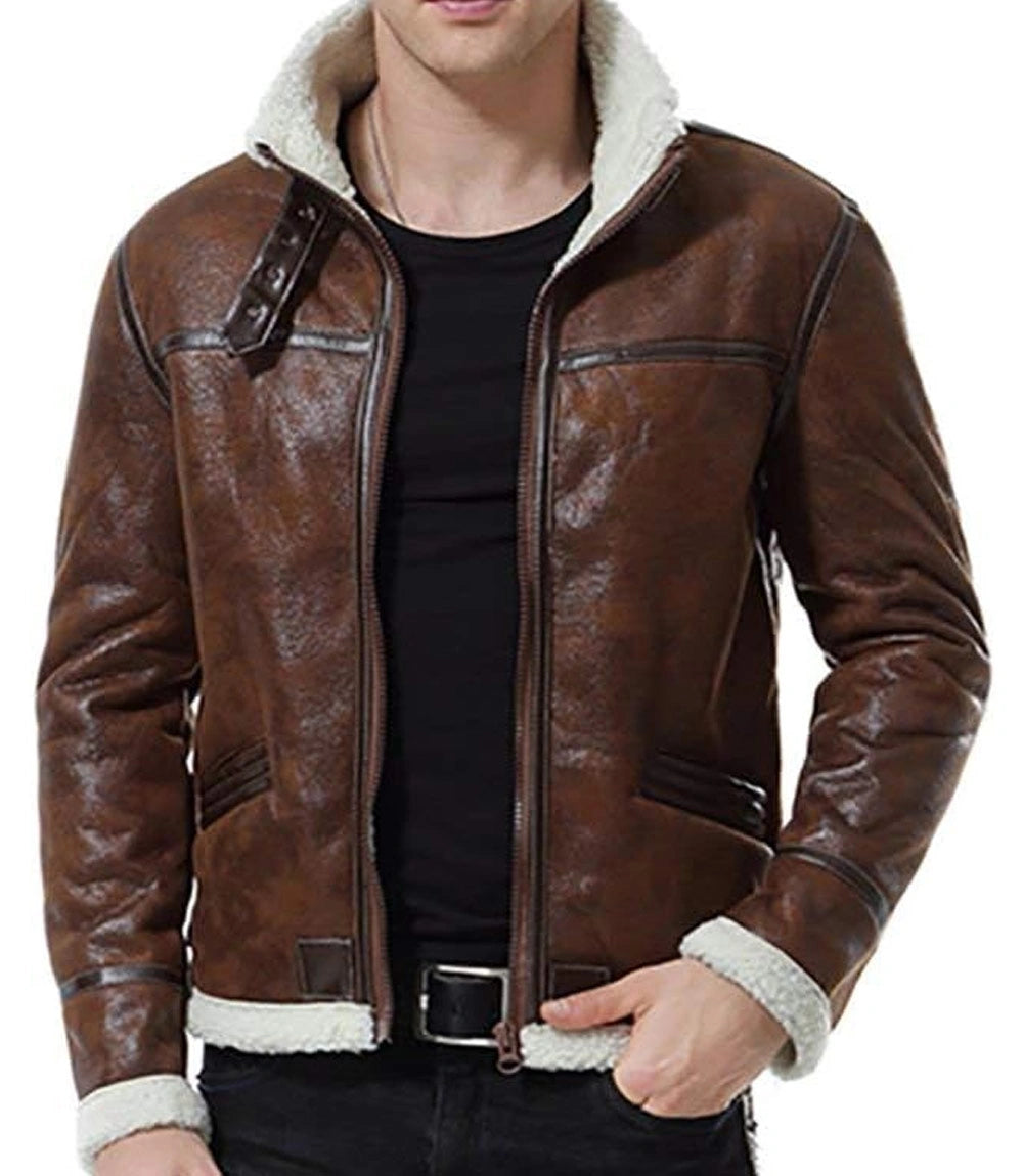 Mens Shearling Moto Brown Sherpa Leather Jacket