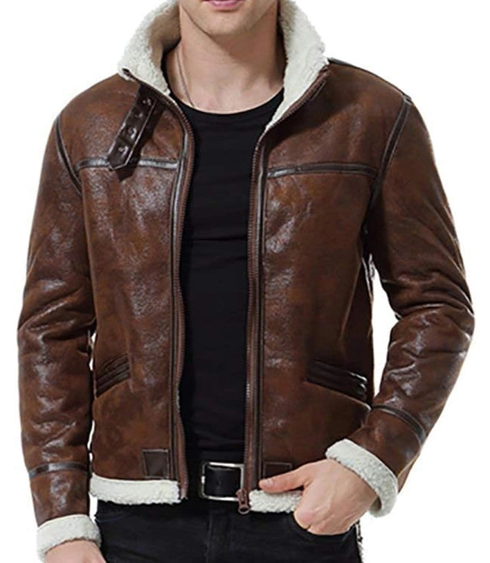 Mens Shearling Moto Brown Sherpa Leather Jacket