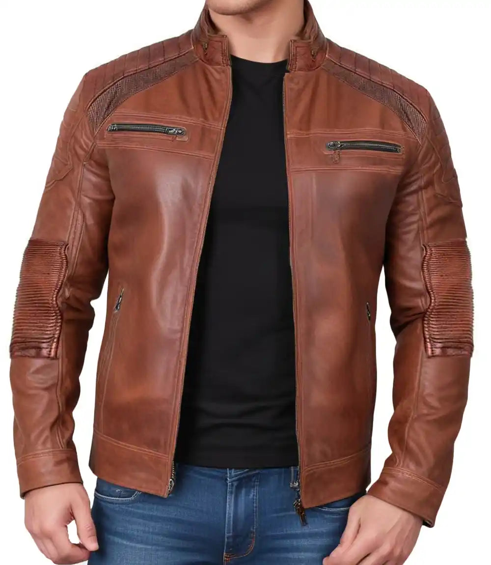 Distressed Brown Perforated Cafe Racer Leather Jacket
