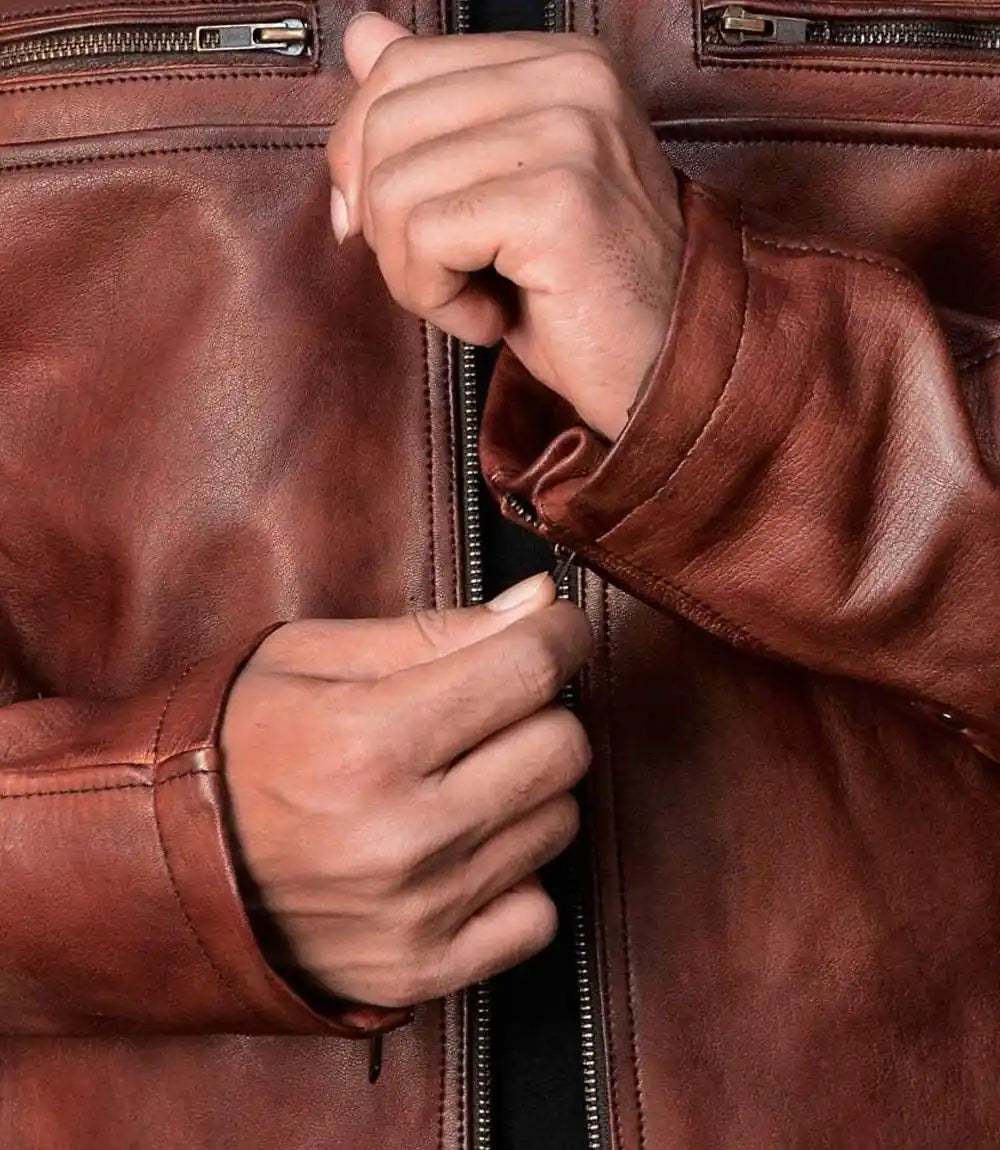 Distressed Brown Perforated Cafe Racer Leather Jacket